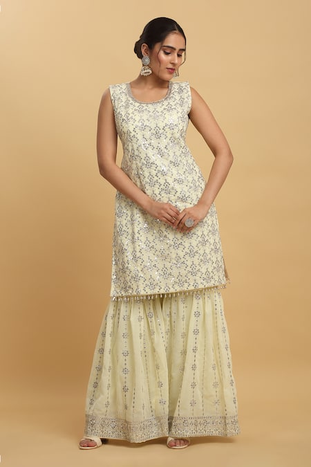 Buy_Aham-Vayam_Yellow Georgette, Silk Sequins, Zardozi Embroidered Pastel Kurta Sharara Set _Online_at_Aza_Fashions