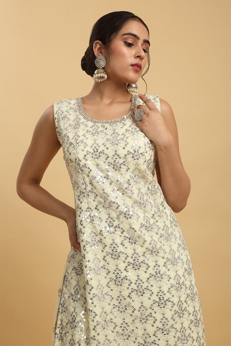 Shop_Aham-Vayam_Yellow Georgette, Silk Sequins, Zardozi Embroidered Pastel Kurta Sharara Set _Online_at_Aza_Fashions