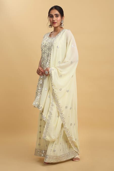 Aham-Vayam_Yellow Georgette, Silk Sequins, Zardozi Embroidered Pastel Kurta Sharara Set _at_Aza_Fashions