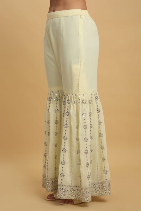 Buy_Aham-Vayam_Yellow Georgette, Silk Sequins, Zardozi Embroidered Pastel Kurta Sharara Set 