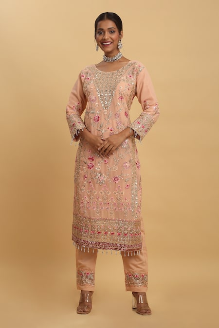 Aham-Vayam_Peach Georgette, Silk Sequins, Crystals, Floral Vine Thread Kurta Pant Set _Online_at_Aza_Fashions