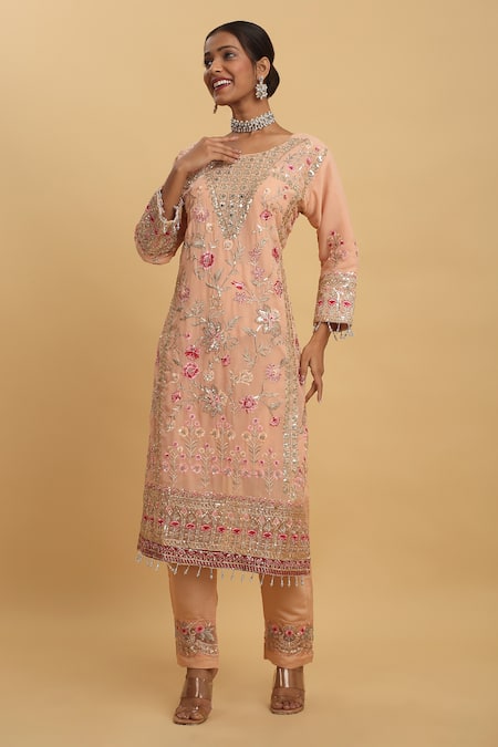 Buy_Aham-Vayam_Peach Georgette, Silk Sequins, Crystals, Floral Vine Thread Kurta Pant Set _Online_at_Aza_Fashions