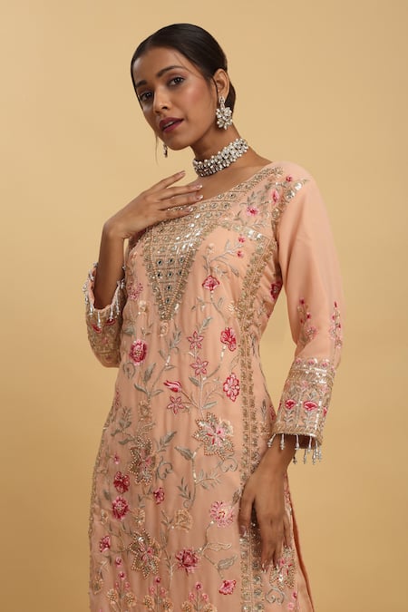 Shop_Aham-Vayam_Peach Georgette, Silk Sequins, Crystals, Floral Vine Thread Kurta Pant Set _Online_at_Aza_Fashions