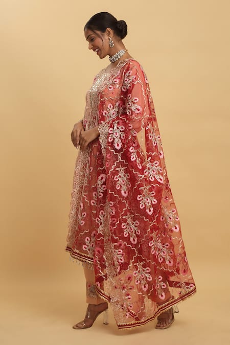Aham-Vayam_Peach Georgette, Silk Sequins, Crystals, Floral Vine Thread Kurta Pant Set _at_Aza_Fashions