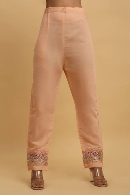 Buy_Aham-Vayam_Peach Georgette, Silk Sequins, Crystals, Floral Vine Thread Kurta Pant Set 