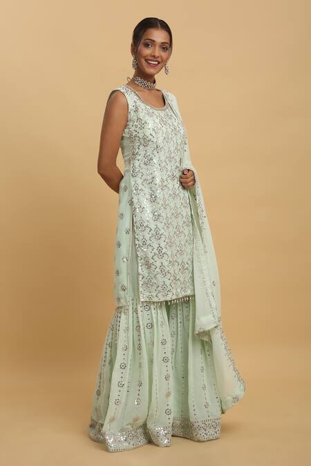 Aham-Vayam_Green Georgette, Silk Sequins, Zari Pastel Zardozi Embroidered Kurta Sharara Set_Online_at_Aza_Fashions
