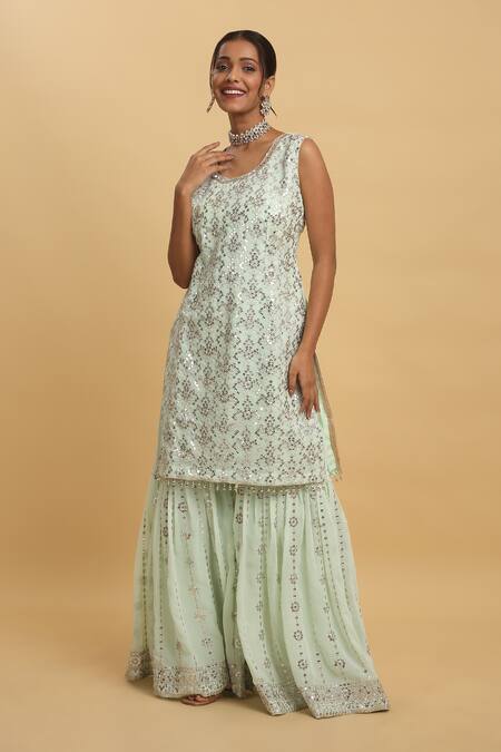 Buy_Aham-Vayam_Green Georgette, Silk Sequins, Zari Pastel Zardozi Embroidered Kurta Sharara Set_Online_at_Aza_Fashions