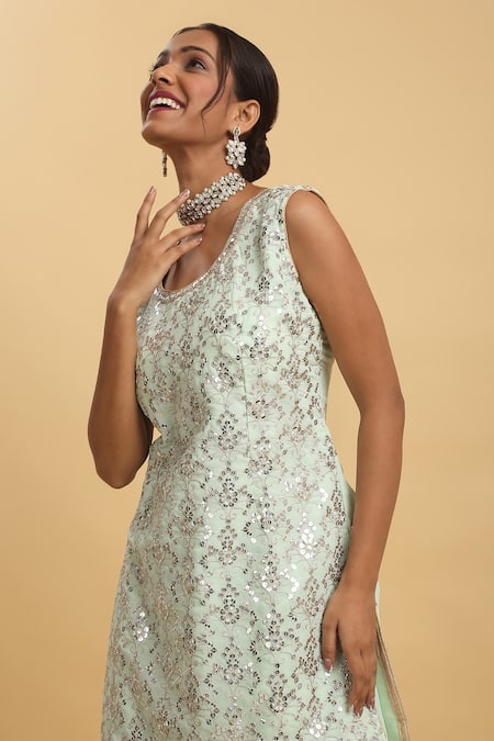 Shop_Aham-Vayam_Green Georgette, Silk Sequins, Zari Pastel Zardozi Embroidered Kurta Sharara Set_Online_at_Aza_Fashions