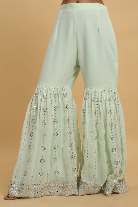 Aham-Vayam_Green Georgette, Silk Sequins, Zari Pastel Zardozi Embroidered Kurta Sharara Set_at_Aza_Fashions