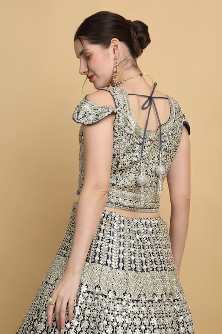 Aham-Vayam_Blue Satin, Organza, Net, Georgette, Rajwada Floral Embroidered Lehenga Set _Online_at_Aza_Fashions