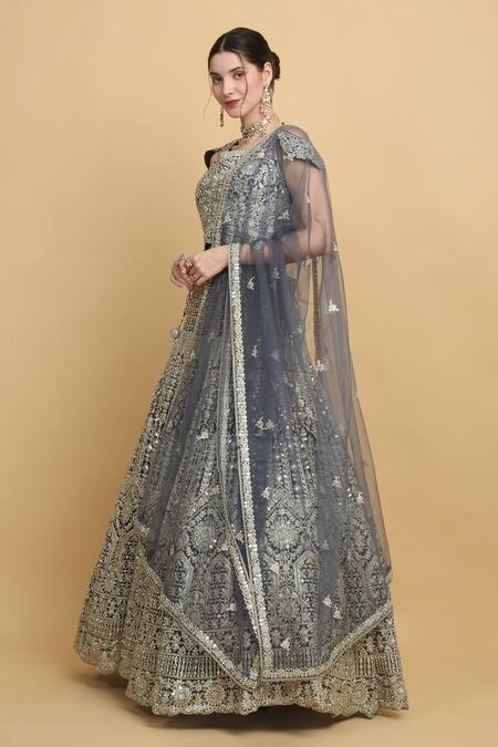 Buy_Aham-Vayam_Blue Satin, Organza, Net, Georgette, Rajwada Floral Embroidered Lehenga Set _Online_at_Aza_Fashions