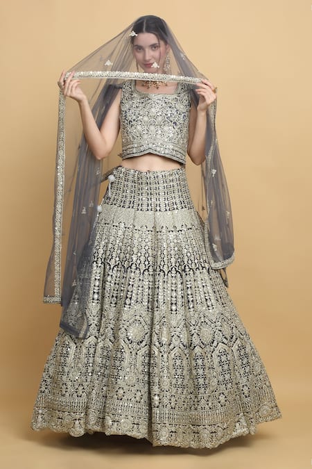 Shop_Aham-Vayam_Blue Satin, Organza, Net, Georgette, Rajwada Floral Embroidered Lehenga Set _Online_at_Aza_Fashions