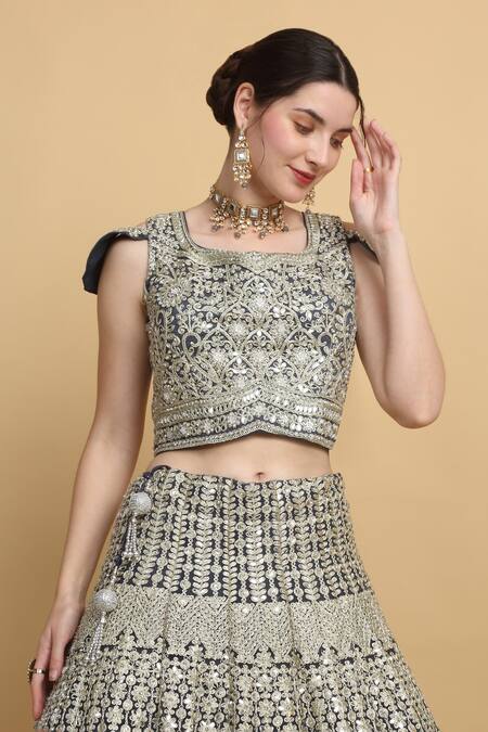 Aham-Vayam_Blue Satin, Organza, Net, Georgette, Rajwada Floral Embroidered Lehenga Set _at_Aza_Fashions