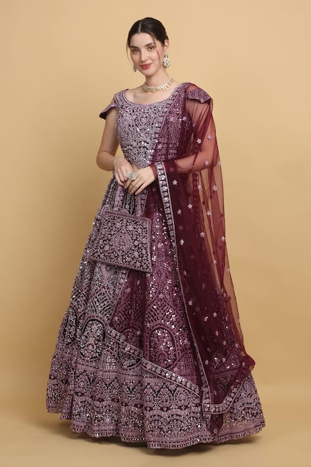 Aham-Vayam Purple Net Embroidered Thread Round Khushnuma Mirror Embellished Lehenga Set 