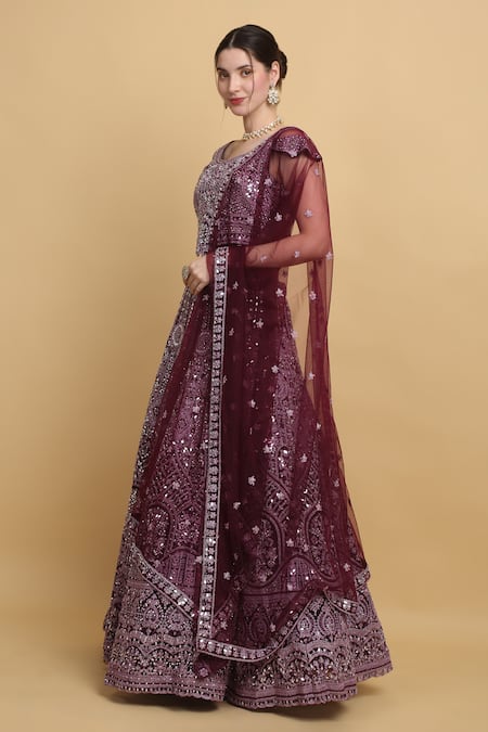 Buy_Aham-Vayam_Purple Cotton, Organza, Georgette, Satin, Net Khushnuma Embellished Lehenga Set _Online_at_Aza_Fashions