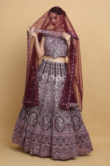 Shop_Aham-Vayam_Purple Cotton, Organza, Georgette, Satin, Net Khushnuma Embellished Lehenga Set _Online_at_Aza_Fashions