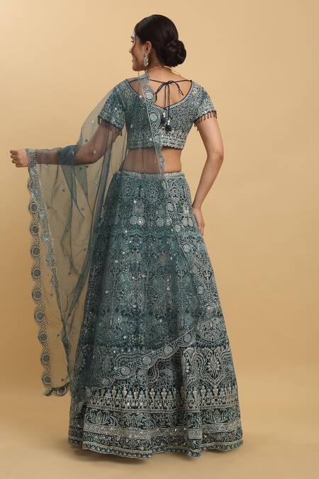 Shop Aham-Vayam Blue Cotton, Satin, Organza, Georgette, Net Gauri Embroidered Lehenga Set at Aza Fashions Shop_Aham-Vayam_Blue Cotton, Satin, Organza, Georgette, Net Gauri Embroidered Lehenga Set_at_Aza_Fashions