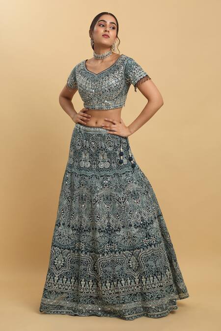 Buy Aham-Vayam Blue Cotton, Satin, Organza, Georgette, Net Gauri Embroidered Lehenga Set Online at Aza Fashions Buy_Aham-Vayam_Blue Cotton, Satin, Organza, Georgette, Net Gauri Embroidered Lehenga Set_Online_at_Aza_Fashions