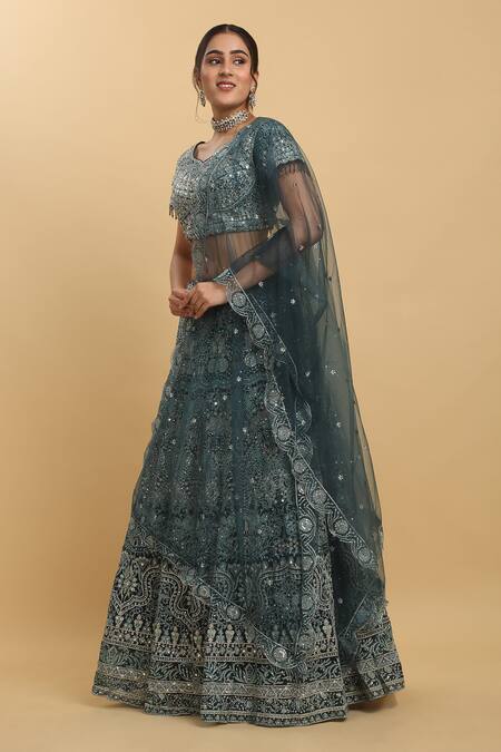 Buy Aham-Vayam Blue Cotton, Satin, Organza, Georgette, Net Gauri Embroidered Lehenga Set Buy_Aham-Vayam_Blue Cotton, Satin, Organza, Georgette, Net Gauri Embroidered Lehenga Set