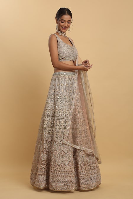 Shop_Aham-Vayam_Beige Cotton, Organza, Net, Georgette, Satin Mirrors, Fiza Lehenga Set _Online_at_Aza_Fashions