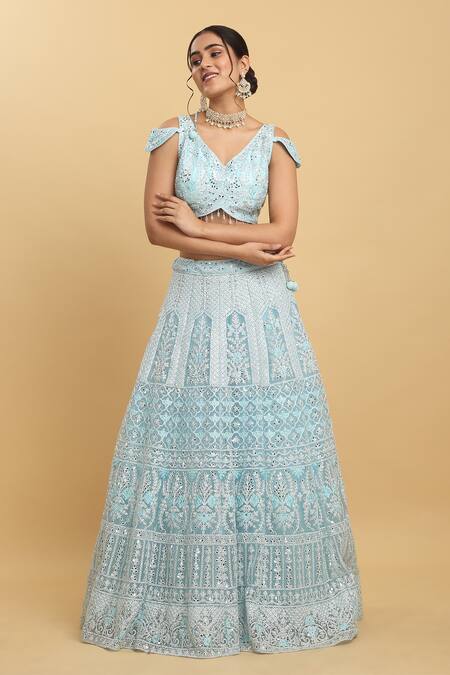 Buy_Aham-Vayam_Blue Cotton, Satin, Organza, Net, Georgette Bahaar Embroidered Lehenga Set _Online_at_Aza_Fashions