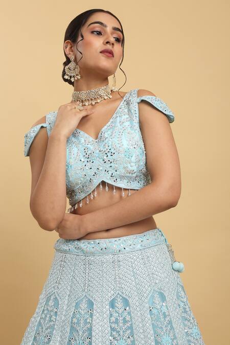 Shop_Aham-Vayam_Blue Cotton, Satin, Organza, Net, Georgette Bahaar Embroidered Lehenga Set _Online_at_Aza_Fashions