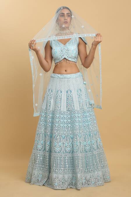 Buy_Aham-Vayam_Blue Cotton, Satin, Organza, Net, Georgette Bahaar Embroidered Lehenga Set 