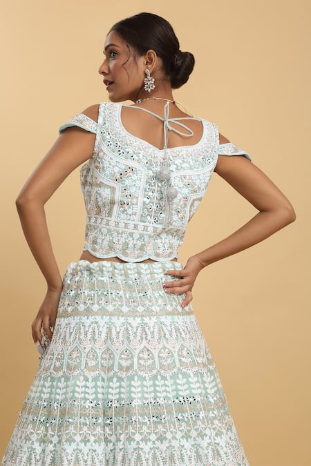 Aham-Vayam_Green Cotton, Organza, Net, Georgette, Satin Embroidery, Jyotsna Lehenga Set _Online_at_Aza_Fashions