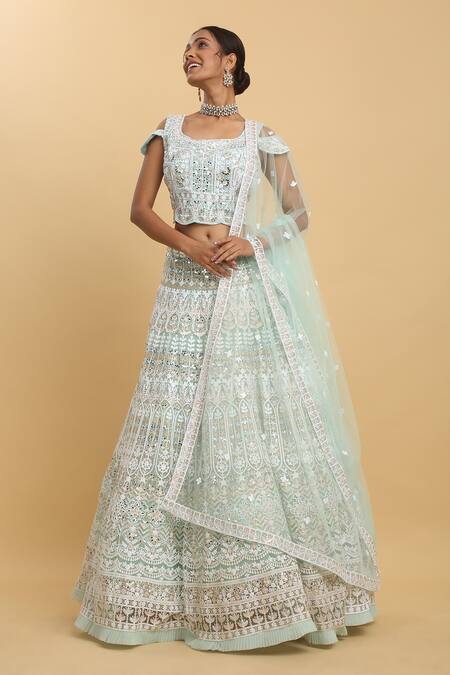 Buy_Aham-Vayam_Green Cotton, Organza, Net, Georgette, Satin Embroidery, Jyotsna Lehenga Set _Online_at_Aza_Fashions