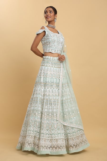 Shop_Aham-Vayam_Green Cotton, Organza, Net, Georgette, Satin Embroidery, Jyotsna Lehenga Set _Online_at_Aza_Fashions