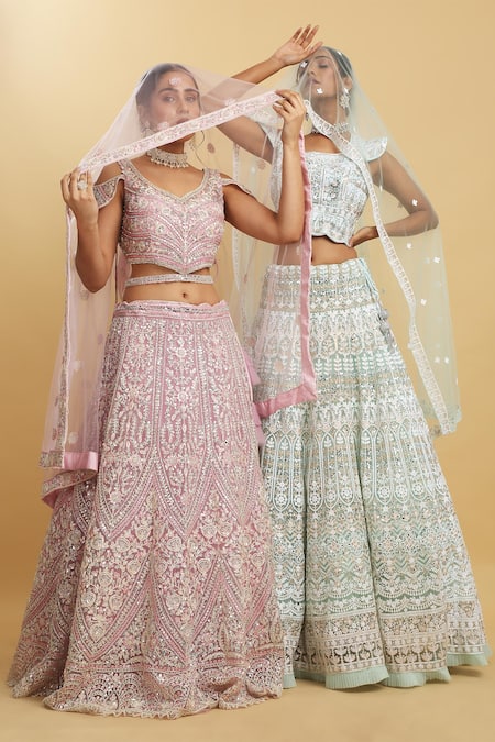 Buy_Aham-Vayam_Green Cotton, Organza, Net, Georgette, Satin Embroidery, Jyotsna Lehenga Set 