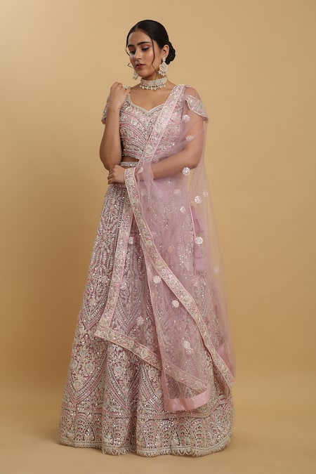 Aham-Vayam Pink Net Embroidered Floral Leaf Divya Lehenga Set 