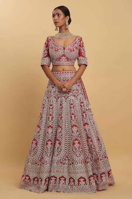 Aham-Vayam Red Cotton, Organza, Net, Georgette, Satin Embroidery Disha Bridal Lehenga Set Online at Aza Fashions Aham-Vayam_Red Cotton, Organza, Net, Georgette, Satin Embroidery Disha Bridal Lehenga Set _Online_at_Aza_Fashions