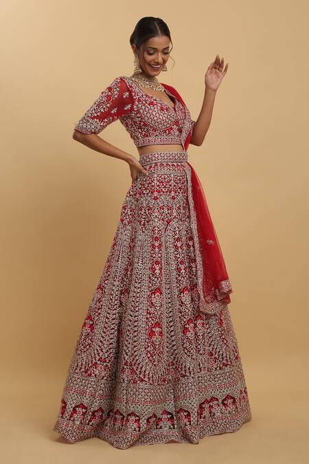 Shop Aham-Vayam Red Cotton, Organza, Net, Georgette, Satin Embroidery Disha Bridal Lehenga Set Online at Aza Fashions Shop_Aham-Vayam_Red Cotton, Organza, Net, Georgette, Satin Embroidery Disha Bridal Lehenga Set _Online_at_Aza_Fashions