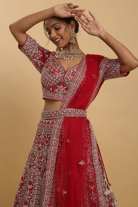 Aham-Vayam Red Cotton, Organza, Net, Georgette, Satin Embroidery Disha Bridal Lehenga Set at Aza Fashions Aham-Vayam_Red Cotton, Organza, Net, Georgette, Satin Embroidery Disha Bridal Lehenga Set _at_Aza_Fashions