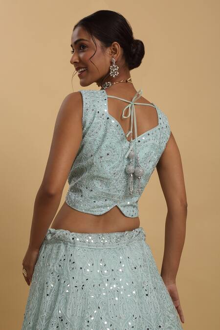 Aham-Vayam_Blue Cotton, Organza, Net, Georgette Mirrors, Embroidery, Yogini Lehenga Set _Online_at_Aza_Fashions