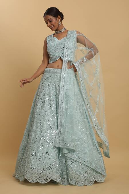 Buy_Aham-Vayam_Blue Cotton, Organza, Net, Georgette Mirrors, Embroidery, Yogini Lehenga Set _Online_at_Aza_Fashions