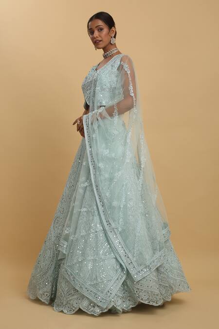 Shop_Aham-Vayam_Blue Cotton, Organza, Net, Georgette Mirrors, Embroidery, Yogini Lehenga Set _Online_at_Aza_Fashions