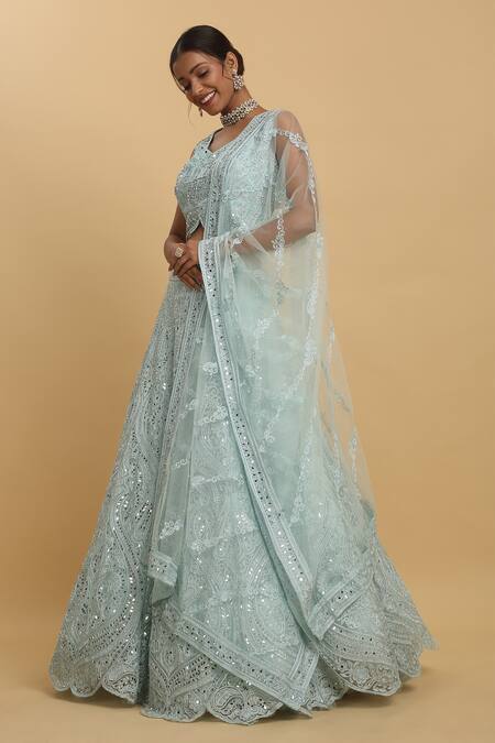 Aham-Vayam_Blue Cotton, Organza, Net, Georgette Mirrors, Embroidery, Yogini Lehenga Set _at_Aza_Fashions