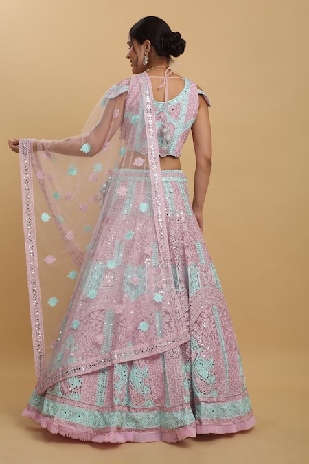 Shop_Aham-Vayam_Pink Cotton, Satin, Net, Organza, Georgette Embroidery, Upasana Lehenga Set _at_Aza_Fashions