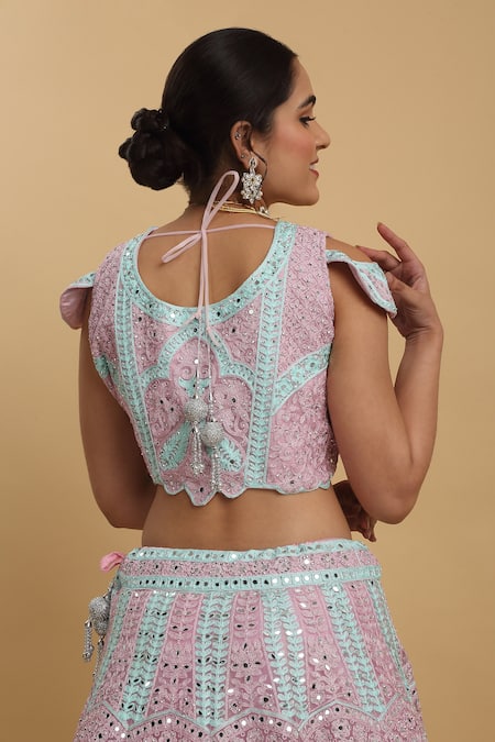 Aham-Vayam_Pink Cotton, Satin, Net, Organza, Georgette Embroidery, Upasana Lehenga Set _Online_at_Aza_Fashions
