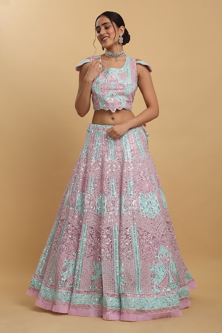 Buy_Aham-Vayam_Pink Cotton, Satin, Net, Organza, Georgette Embroidery, Upasana Lehenga Set _Online_at_Aza_Fashions