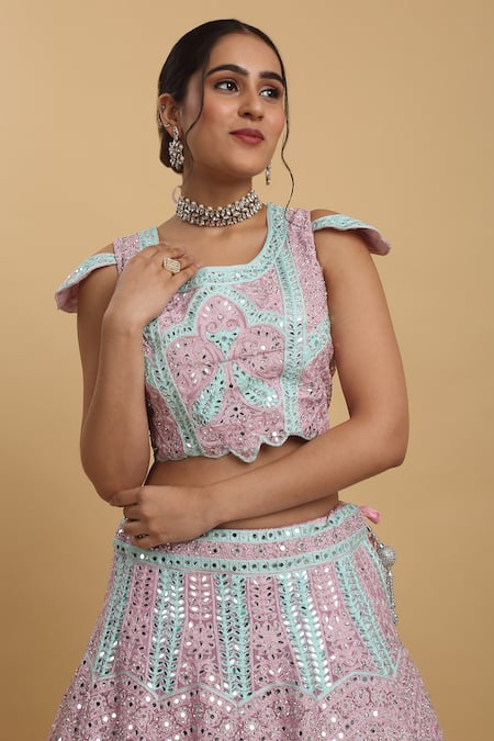 Shop_Aham-Vayam_Pink Cotton, Satin, Net, Organza, Georgette Embroidery, Upasana Lehenga Set _Online_at_Aza_Fashions