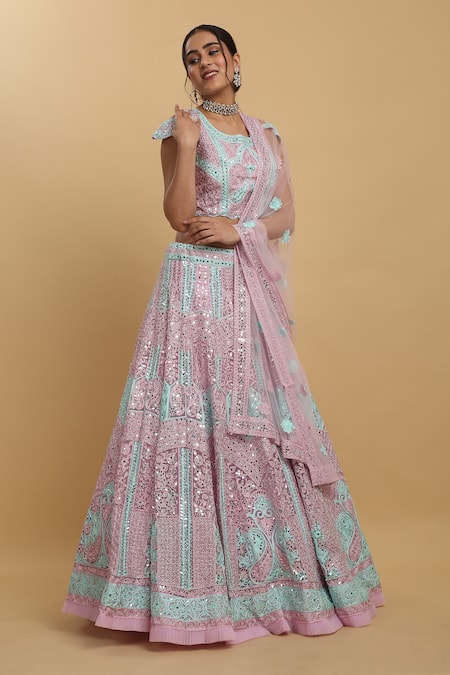 Aham-Vayam_Pink Cotton, Satin, Net, Organza, Georgette Embroidery, Upasana Lehenga Set _at_Aza_Fashions