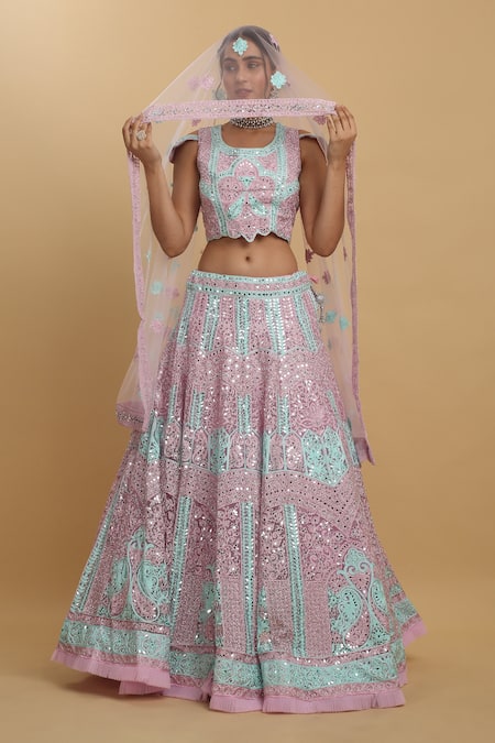 Buy_Aham-Vayam_Pink Cotton, Satin, Net, Organza, Georgette Embroidery, Upasana Lehenga Set 