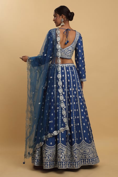 Shop_Aham-Vayam_Blue Cotton, Organza, Net, Georgette, Satin Zari, Sequins, Firdaus Lehenga Set _at_Aza_Fashions
