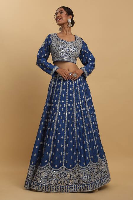 Aham-Vayam_Blue Cotton, Organza, Net, Georgette, Satin Zari, Sequins, Firdaus Lehenga Set _Online_at_Aza_Fashions