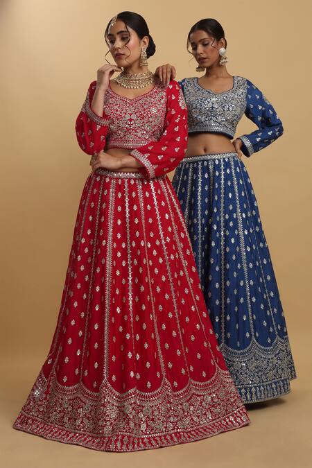 Aham-Vayam_Blue Cotton, Organza, Net, Georgette, Satin Zari, Sequins, Firdaus Lehenga Set _at_Aza_Fashions