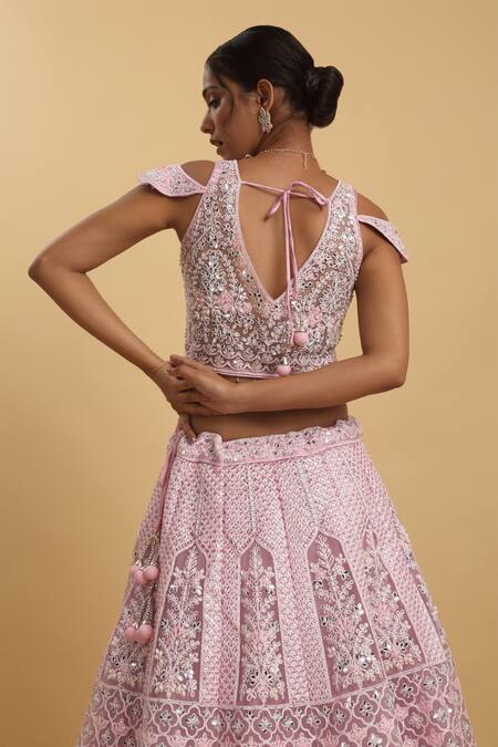 Buy Aham-Vayam Pink Cotton, Organza, Net, Satin, Georgette Sequins, Mihika Lehenga Set Buy_Aham-Vayam_Pink Cotton, Organza, Net, Satin, Georgette Sequins, Mihika Lehenga Set