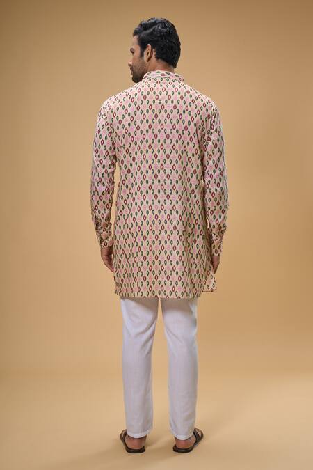 Spring Break_Peach Cotton, Silk Ikat Print Bundi Kurta Set _Online_at_Aza_Fashions